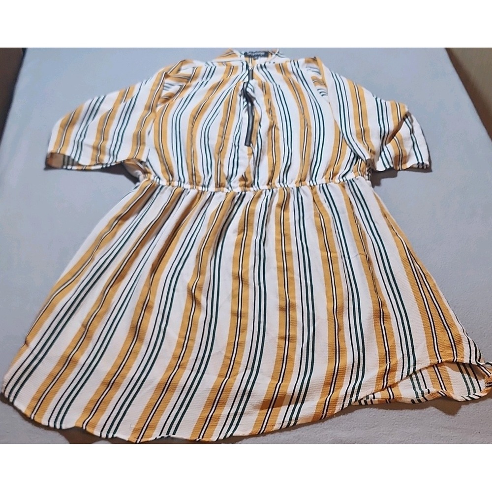 Ups & Downs Yellow White Green Black Striped Crepe Zip Short Dress V-Neck 3X
